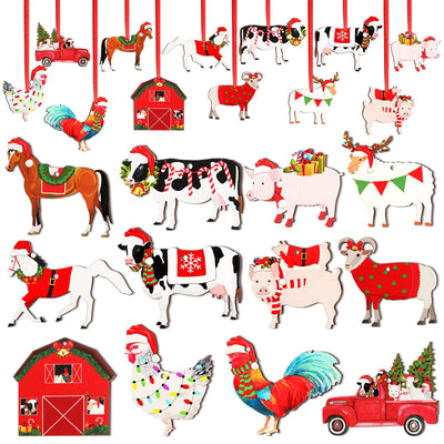 24 Pcs Wooden Farm Animal Christmas Ornaments Wooden Christmas Farmhouse Rustic Ornaments Hanging Red Truck Christmas Tree Decorations Cow Pig Rustic Christmas Decor Ornaments for Xmas Trees Crafts