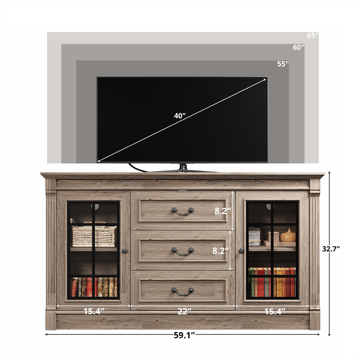 IRONCK Farmhouse TV Stand for 65 Inch TV with Outlets, 59" Entertainment Center with 3 Drawers and 2 Storage Cabinet, Glass Doors and Adjustable Shelf, Console Tables for Living Room, Light Rustic Oak IRONCK