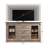 IRONCK Farmhouse TV Stand for 65 Inch TV with Outlets, 59" Entertainment Center with 3 Drawers and 2 Storage Cabinet, Glass Doors and Adjustable Shelf, Console Tables for Living Room, Light Rustic Oak IRONCK