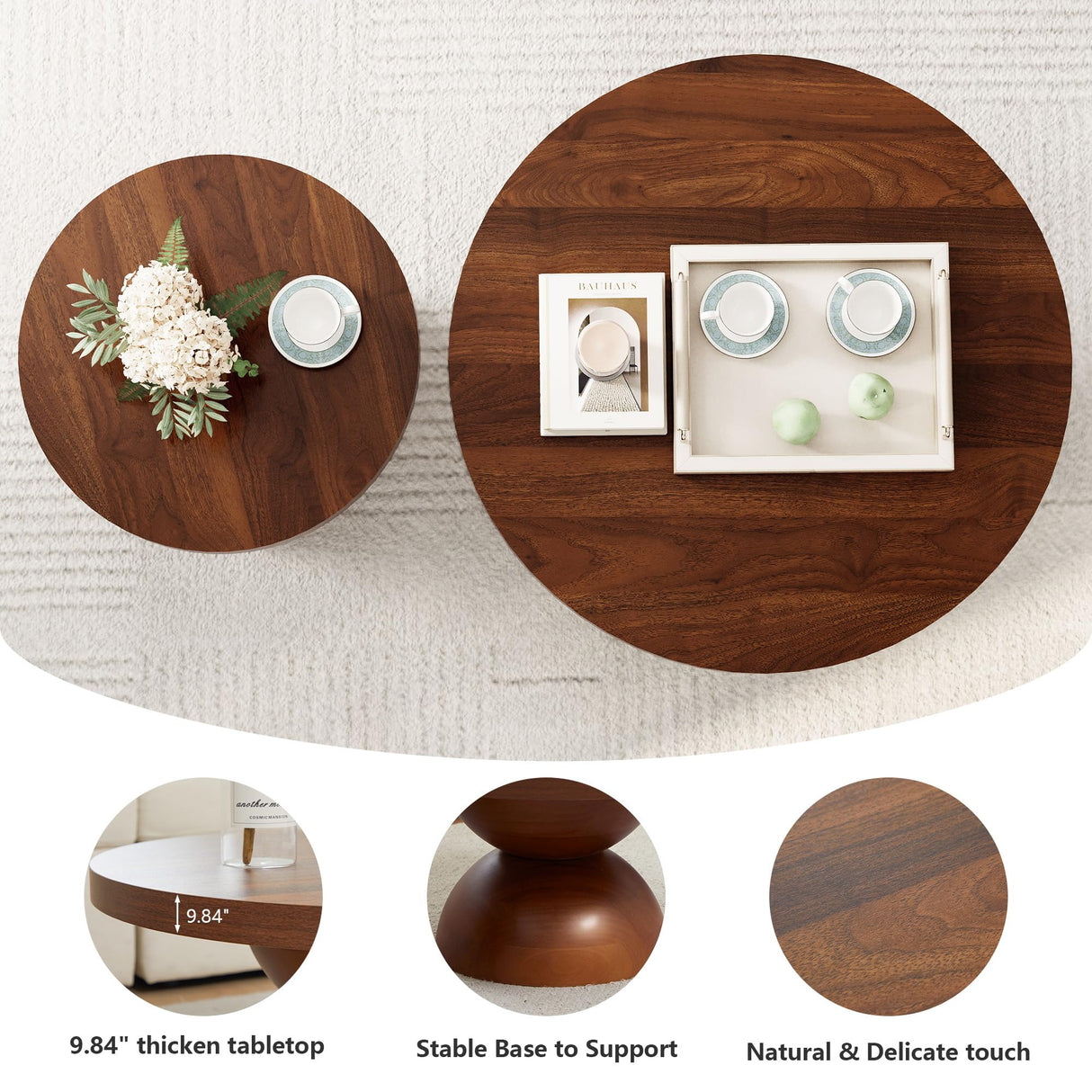 Solid Wood Round Nesting Coffee Table Set of 2, Circle Accent Tables with Unique Semi-Circular Legs, Modern Farmhouse Side End Table Set for Small Space Living Room Office (Walnut) LEVNARY