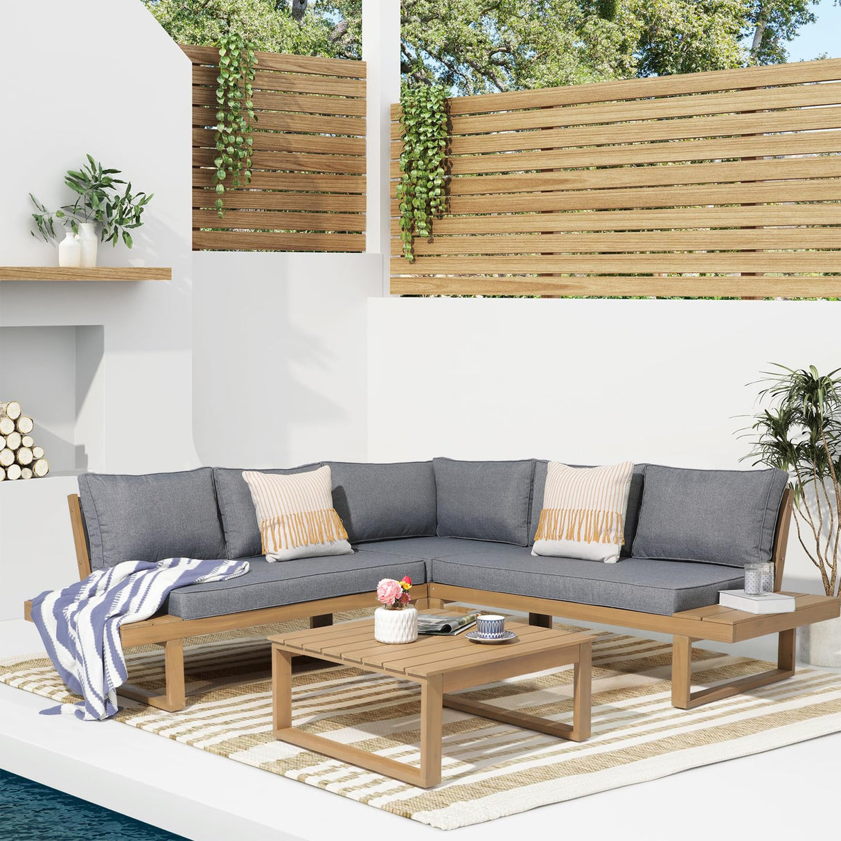 Soleil Jardin 4 Piece Acacia Wood Patio Furniture L-Shaped Outdoor Sectional Sofa Set with Coffee Table, FSC Certified Conversation Set with Built-in Side Table and Grey Cushions for Garden Soleil Jardin