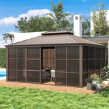 EROMMY 12' x 16' Sunroom, All-Season Gazebo Solarium with Galvanized Steel Roof, Aluminum Frame, Outdoor Permanent Sun Room with Sliding Door EROMMY