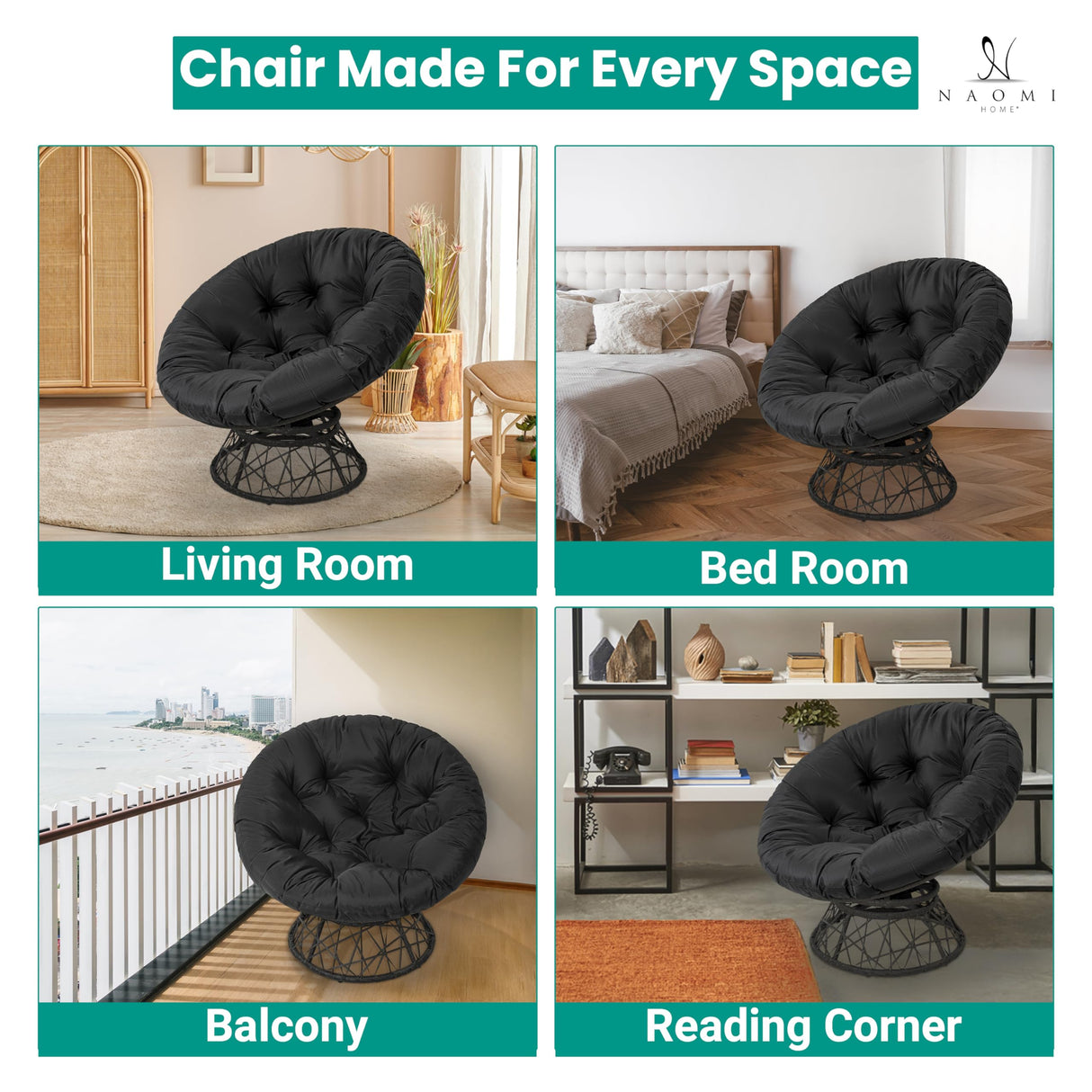 Naomi Home Barcelona Oversized Papasan Chair with Cushion and Frame – Round Wicker Indoor Egg Chair, 360° Swivel Circle Nest Lounge – Bedroom Corner Chair for Adults - Black/Dark Gray Naomi Home