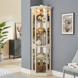 Corner Glass Cabinet – Lighted Curio Display Case with Adjustable Shelves, Mirrored Back & LED Light, Corner Storage Cabinet for Living Room, Antique Collection, Wine or Bar Glassware (Antique White) Chilassic