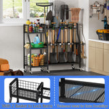 keomaisyto Garden Tool Organizer with 6 Wheels(3 lockable), Heavy Duty Yard Tool organizer with 2 Basket, Large Metal Garage Tool Organization and Storage for Garage/Shed/Yard/Broom Closet/Lawn keomaisyto