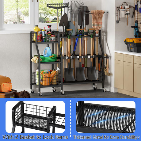 keomaisyto Garden Tool Organizer with 6 Wheels(3 lockable), Heavy Duty Yard Tool organizer with 2 Basket, Large Metal Garage Tool Organization and Storage for Garage/Shed/Yard/Broom Closet/Lawn keomaisyto