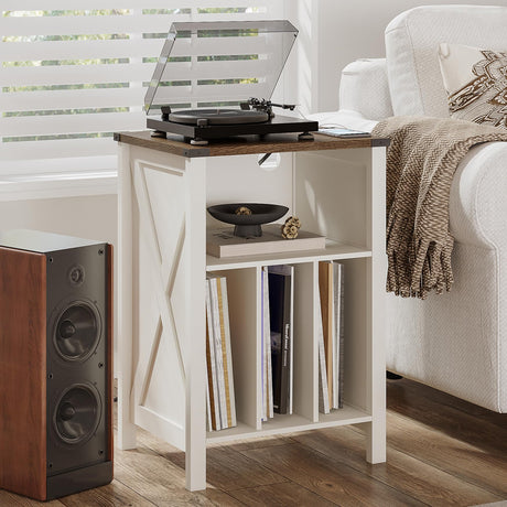 ChooChoo Record Player Stand with Vinyl Storage, Turntable Stand with Charging Station, Record Storage Cabinet, End Side Table for Living Room, Bedroom, White ChooChoo