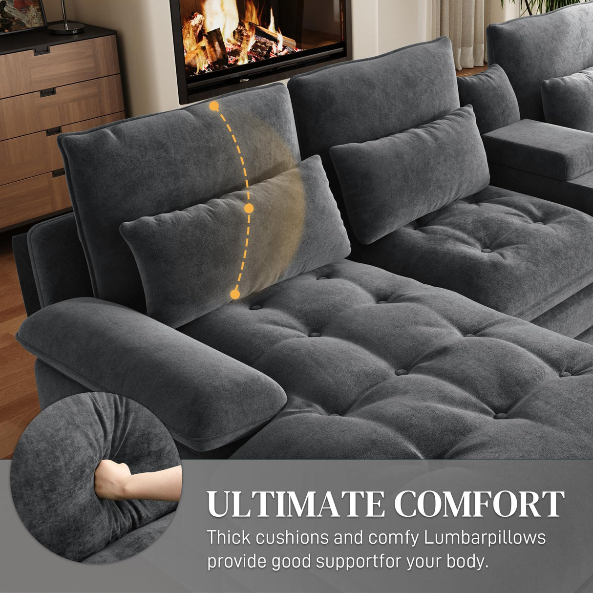 OUYESSIR 134" U Shaped Sectional Cloud Couch,Tufted Couch with Chaise Lounge,Fluffy Grey Sectional Couches for Living Room,Comfy Chenille Modular Sofa with Central Console & USB Port OUYESSIR