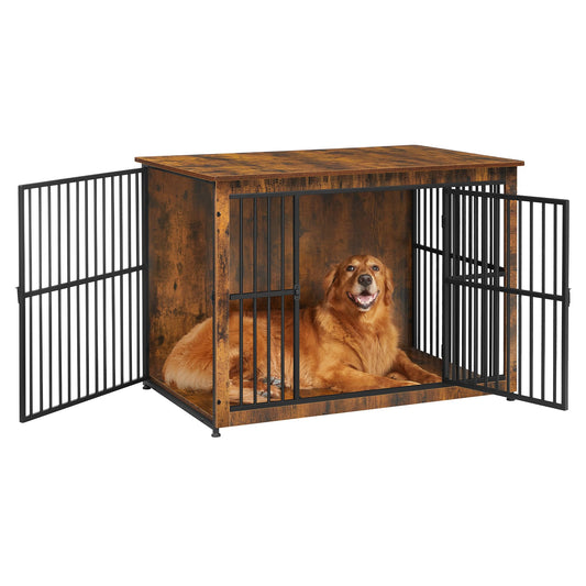 Feandrea Dog Crate Furniture, 43.3" Side End Table, Modern Kennel for Dogs Indoor up to 80 lb, Heavy-Duty Dog Cage with Enclosed Base, Double-Door Dog House, Rustic Brown UPFC024X01 - WoodArtSupply