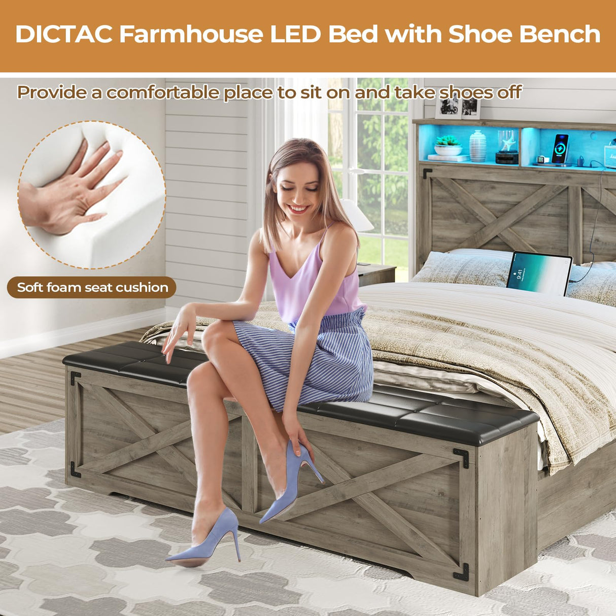 DICTAC Farmhouse Bed Frame Queen Size with Storage Headboard, Charging Station and Ottoman Rustic Queen Platform Bed Frame with Led Lights,Metal Slats Support,No Box Spring Needed,Oak Gray DICTAC