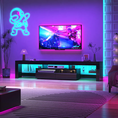 Vinctik 6&Fox 86.6in LED TV Stand for 85/90/95 inch TV,Modern Black TV Stands for Living Room,High Gloss TV Entertainment Center with 2 Large Storage Drawer,APP RGB Light,TV Console