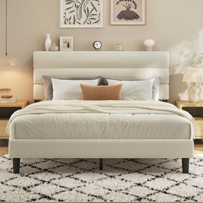 Fluest Queen Bed Frame, Platform Bed Frame with Velvet Upholstered Headboard, No Box Spring Needed, Sturdy Metal Support, Noise Free, Easy Assembly, Modern Bedroom Furniture, Beige