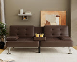 Flamaker Futon Sofa Bed Modern Folding Futon Set Convertible Recliner Lounge for Living Room with 2 Cup Holders, Removable Armrests (PU Leather, Brown) Flamaker