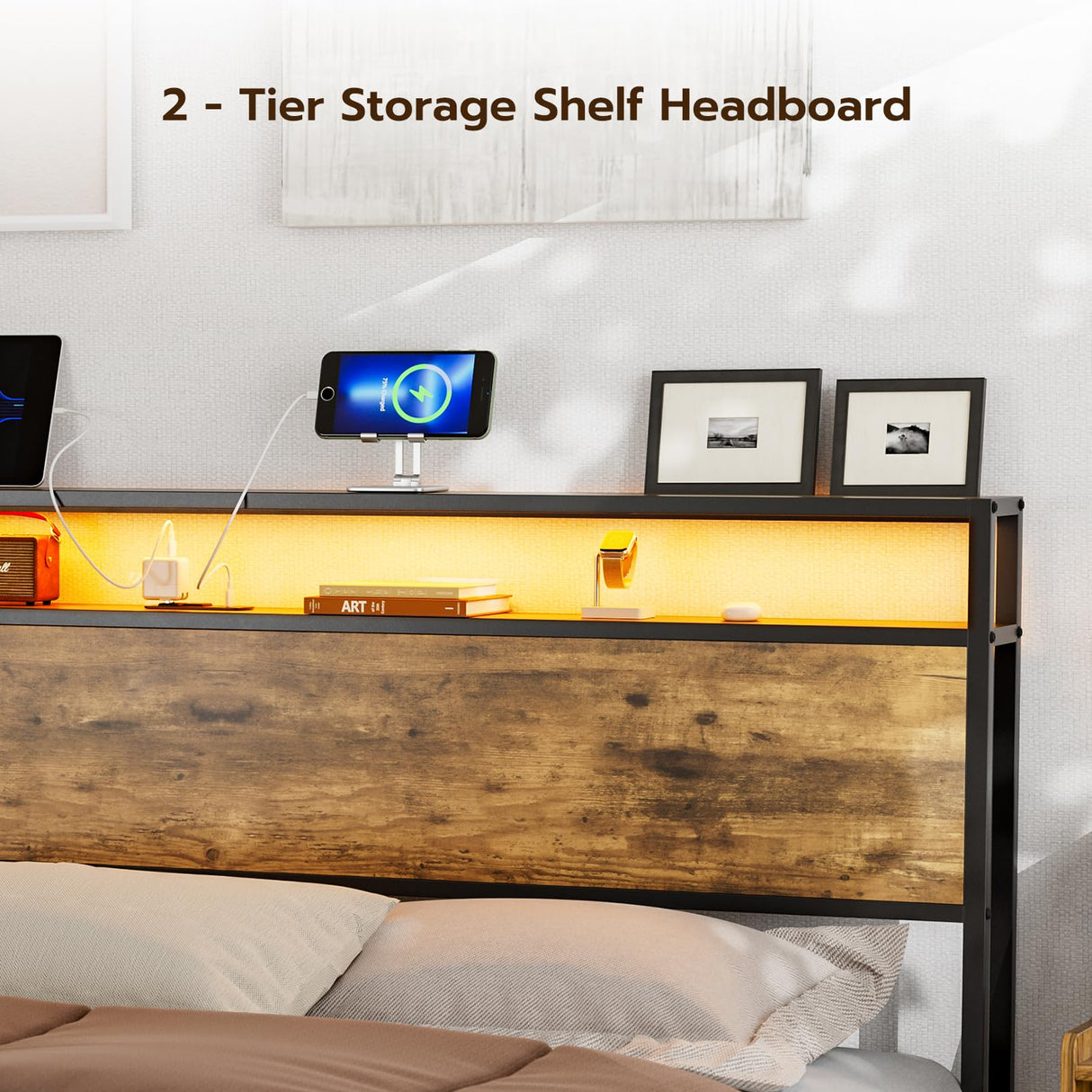 IKIFLY King Size Rustic Brown Storage Headboard with LED Lights & Charging Station IKIFLY