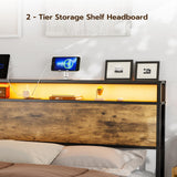 IKIFLY King Size Rustic Brown Storage Headboard with LED Lights & Charging Station IKIFLY