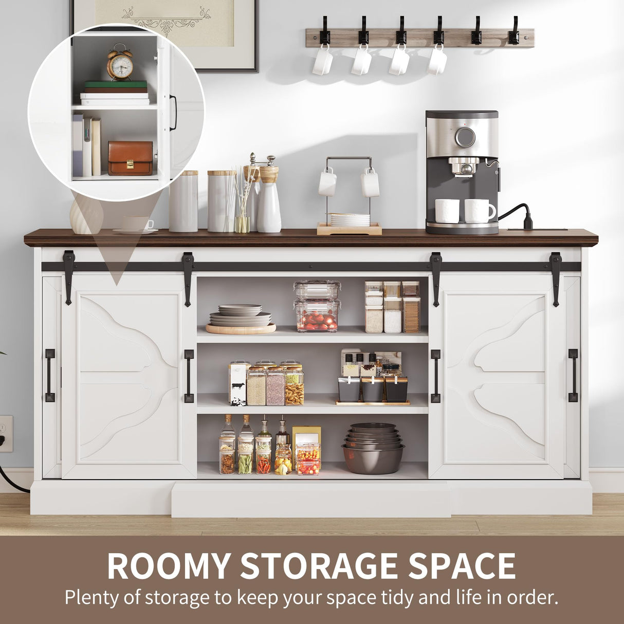 DWVO 63'' Buffet Storage Cabinet, 32'' Tall Farmhouse Sideboard Cabinet with Power Outlets and Sliding Doors, Large Coffee Bar Cabinets for Kitchen, Living Room, White/Brown DWVO