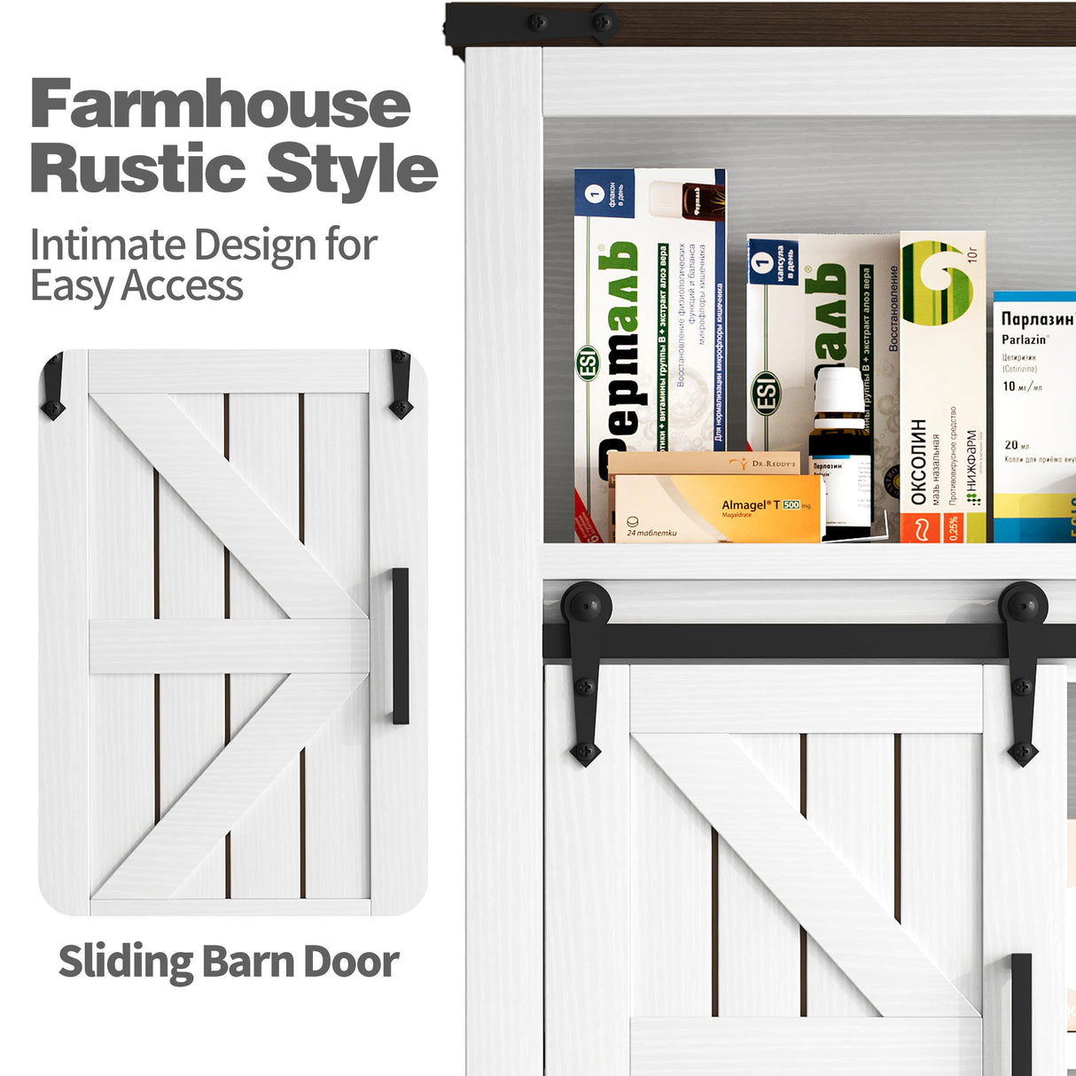 Vagaconl Bathroom Wall Cabinet, Farmhouse Medicine Cabinet Bathroom Cabinet Wall Mount with Barn Door Adjustable Shelves Towel Bar Hooks, for Laundry Bathroom Kitchen(Brown & Vintage White) Vagaconl