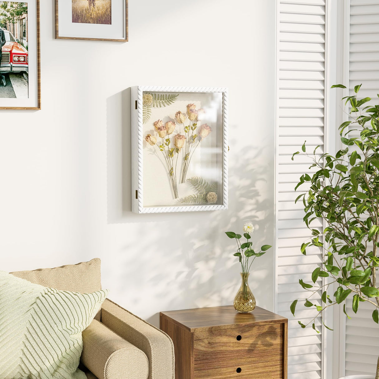 Alsonerbay Shadow Box Frame 11 x 14, Wood Shadow Box Display Case with Linen Back and Twist Shape Door, Pet Memorial Shadow Box for Memorabilia Picture Medals Bouquet (White, 11x14) Alsonerbay