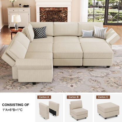 Belffin Modular Sectional Sofa with Storage Ottoman Seats, Corduroy Oversized Convertible Modular Sofa Bed Sectional Couch for Living Room, Beige