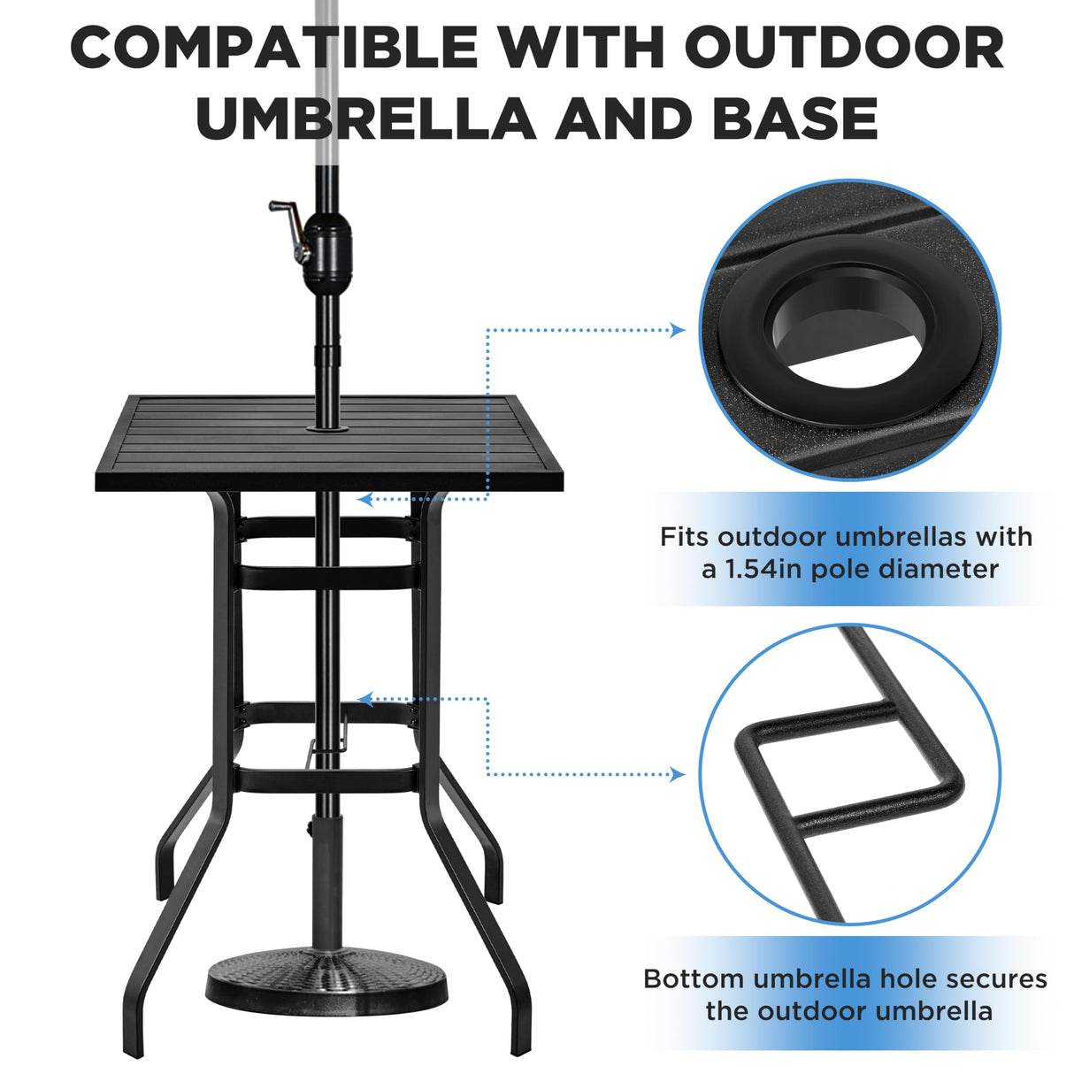 Yaheetech Outdoor Height Bar Table, Square Patio Bistro Table with Umbrella Hole and Slatted Metal Tabletop, Outside Furniture for Garden Lawn Poolside, Black Yaheetech