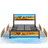 Ailisite Queen Size Bed Frame with 4 Drawers, LED Lights & USB Charging Ports - Rustic Wood Platform Design Ailisite