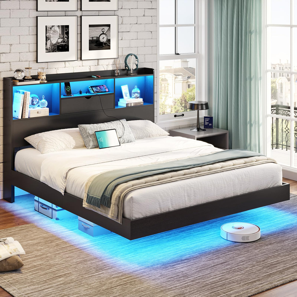 DICTAC Queen Floating Bed Frame with LED Lights and Headboard Storage, Visual Floating Bed with Charing Station, Queen Size Metal Platform Bed with Stable Structure, No Box Spring Need, Easy Assembly DICTAC