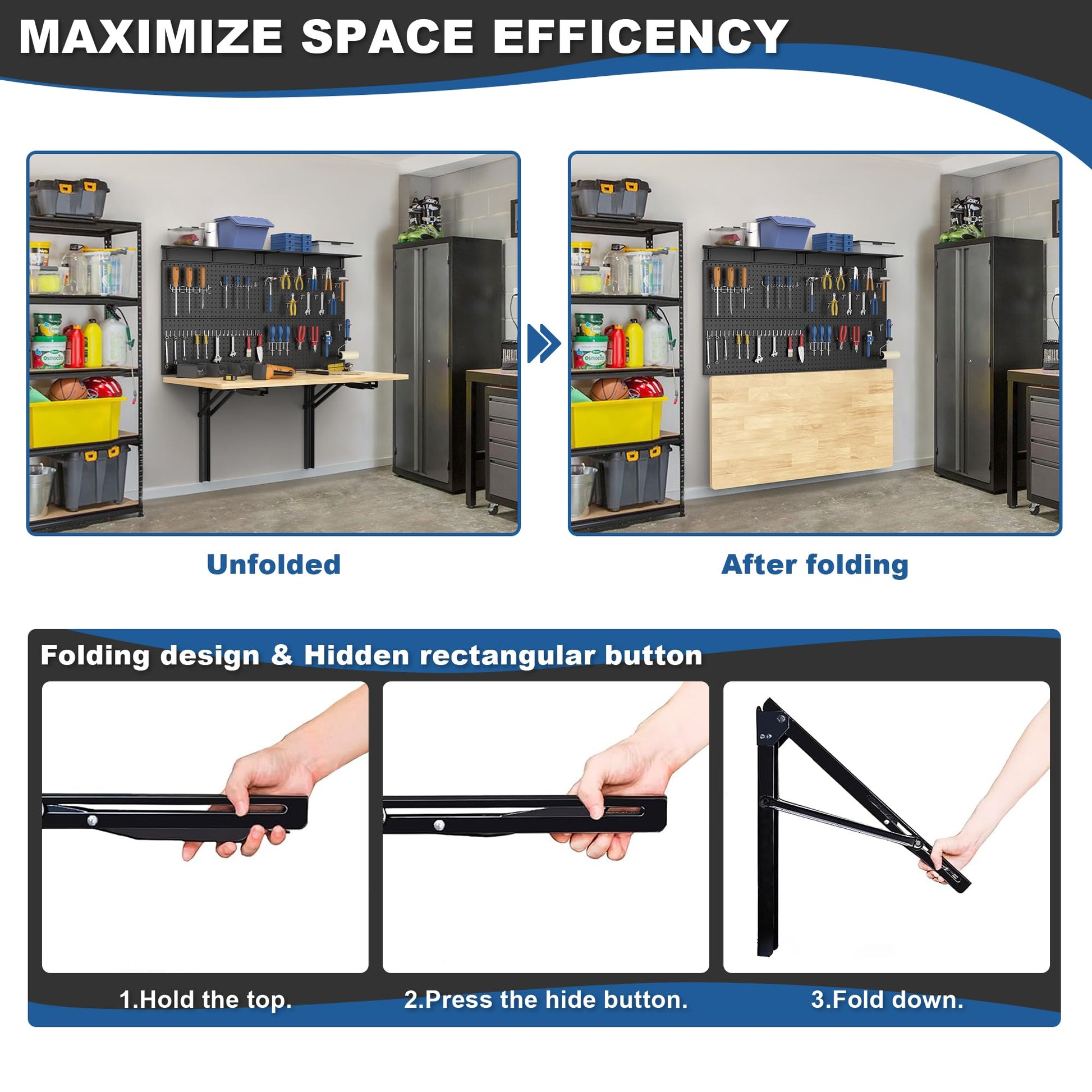 Ultrawall Wall Mounted Workbench with Pegboard, Folding Down Work Table Metal Pegboard Wall Organizer for Garage, Workshop, 48”X24” - WoodArtSupply