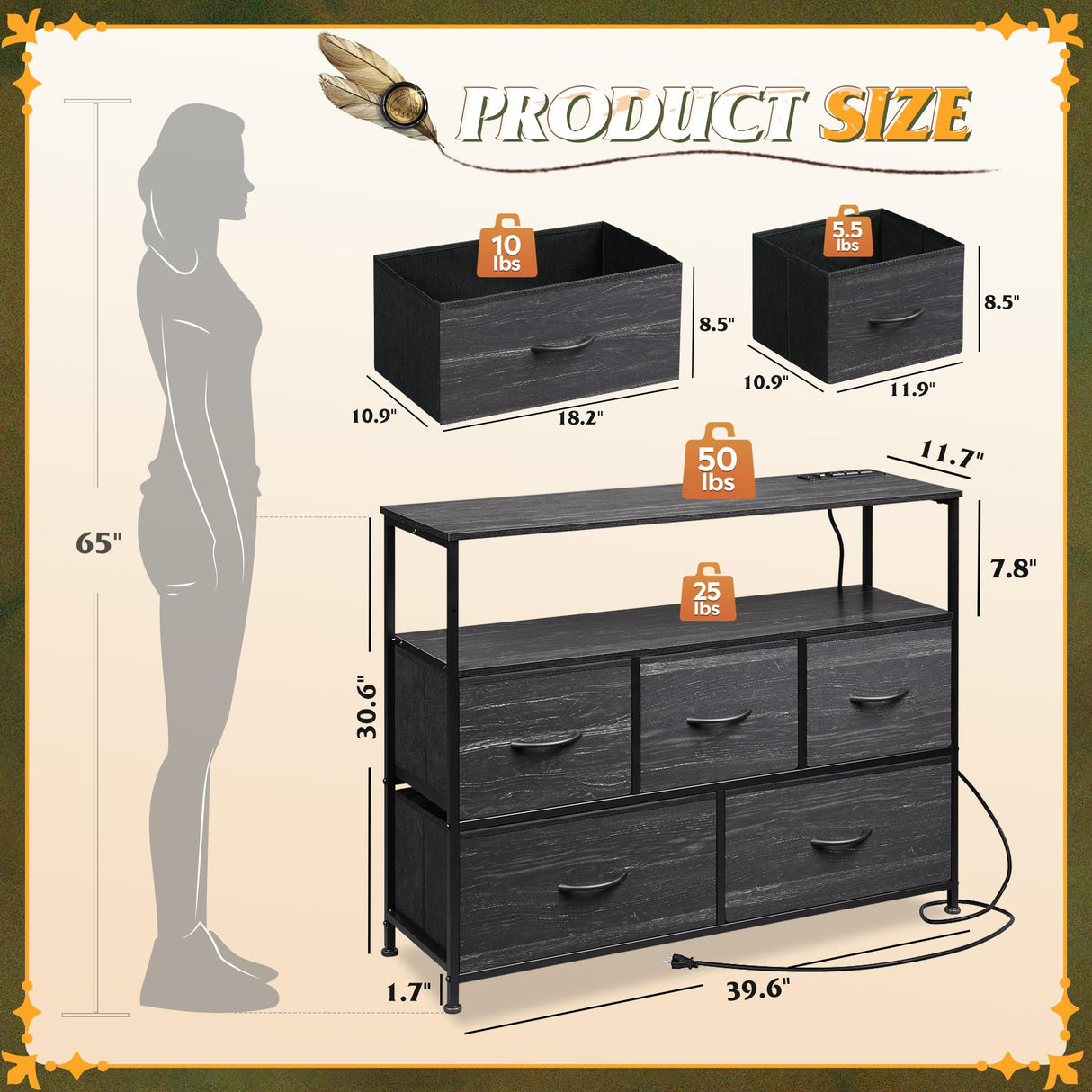 WLIVE Dresser for Bedroom, 5 Drawer Dressers with Charging Station, Fabric Chest of Drawers with Open Shelves, Storage Dresser for Living Room, Closet, Entryway, Charcoal Black Wood Grain Printt WLIVE