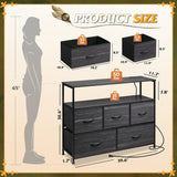 WLIVE Dresser for Bedroom, 5 Drawer Dressers with Charging Station, Fabric Chest of Drawers with Open Shelves, Storage Dresser for Living Room, Closet, Entryway, Charcoal Black Wood Grain Printt WLIVE