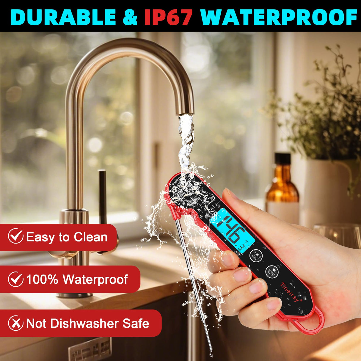 Digital Meat Thermometer for Cooking – Waterproof Instant Read Food Thermometer with Backlight & Calibration, Fast Read, Folding Probe for BBQ, Grill, Candy, Deep Fry, Kitchen, Liquids, Beef（Red） Tinerray