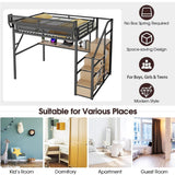 Metal Loft Bed with Desk and RGB LED Lights, Queen Size Loft Bed with Stairs and Charging Station,Adult Loft Beds with Storage Shelves for Upper and Wardrobe,Loft Beds Frame for Kids Teens, Black Duxelifin