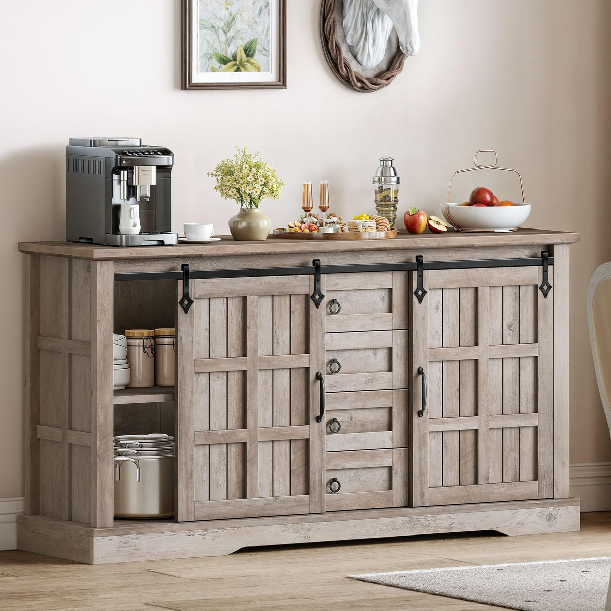 YITAHOME 59" Farmhouse Buffet Cabinet with Storage, Large Sideboard Cabinet w/Sliding Barn Doors and 4 Drawers for Living Room, Wash Grey YITAHOME