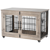 Dog Crate Furniture with Cushion, Large Wooden Dog Kennel Indoor with Double Doors, Dog Cage with Wheels, Dog House Side End Table for Large Medium Dogs up to 70 lb, 38.5” L, Grey YaFiti