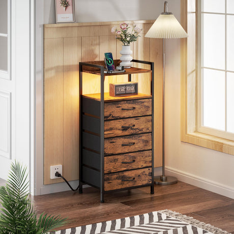 Furnulem 5 Drawer Dresser for Bedroom, Tall Nightstand with Led Light and Charging Station, Small Night Stand Bedside Table, Fabric Bins, Metal Frame, Wood Shelf, Side Furniture(Rustic Brown) Furnulem