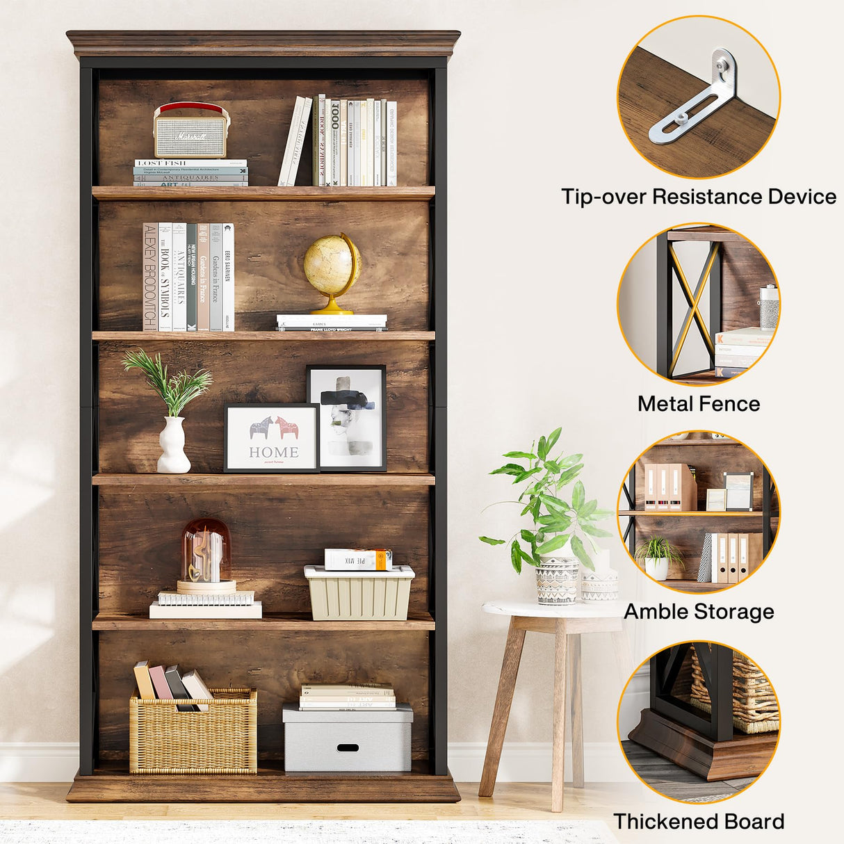 Tribesigns 6-Tier Industrial Bookshelf – 71 Inch Tall Bookcase with X Pattern Accents in Brown and Black Tribesigns