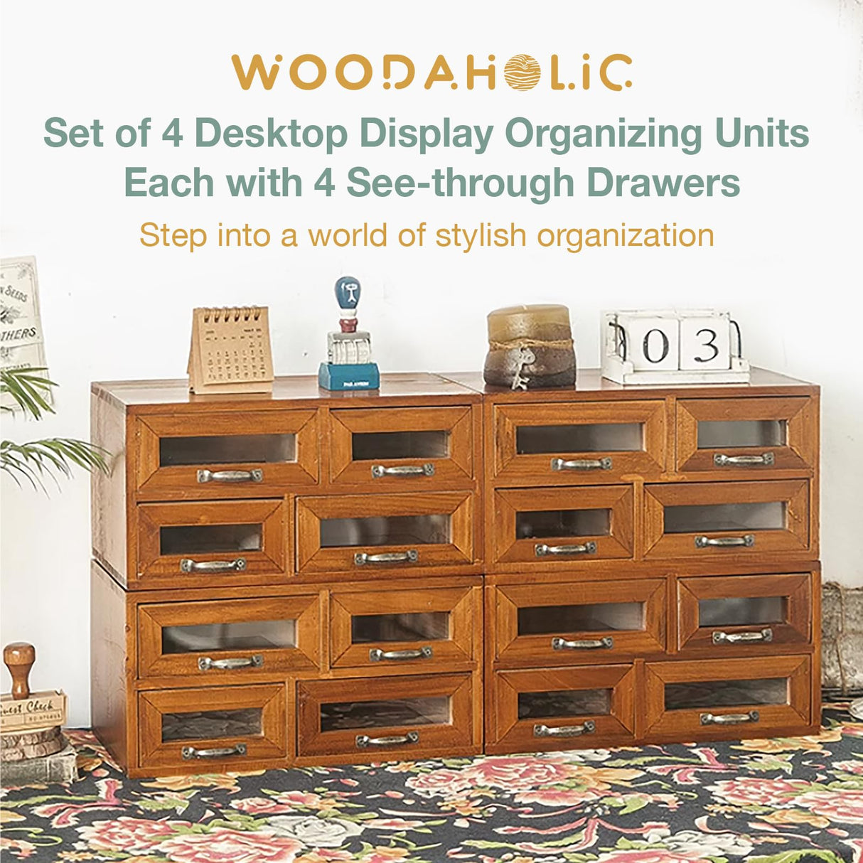 Set of 4 Store and Display Wooden Desktop Organizing Cabinets - Mahogany Wood Display Chest with 4 See-through Drawers Each - 16-Drawer Storage for Work Table, Vanity, Dresser or Kitchen Counter Woodaholic