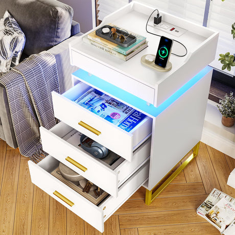 BTHFST LED Nightstand Set of 2 with Charging Station, Large Night Stand with 3 Drawers and 1 Pull-Out Tray, Modern Bedside Table with LED Lights, End Side Table with Storage, White and Gold BTHFST