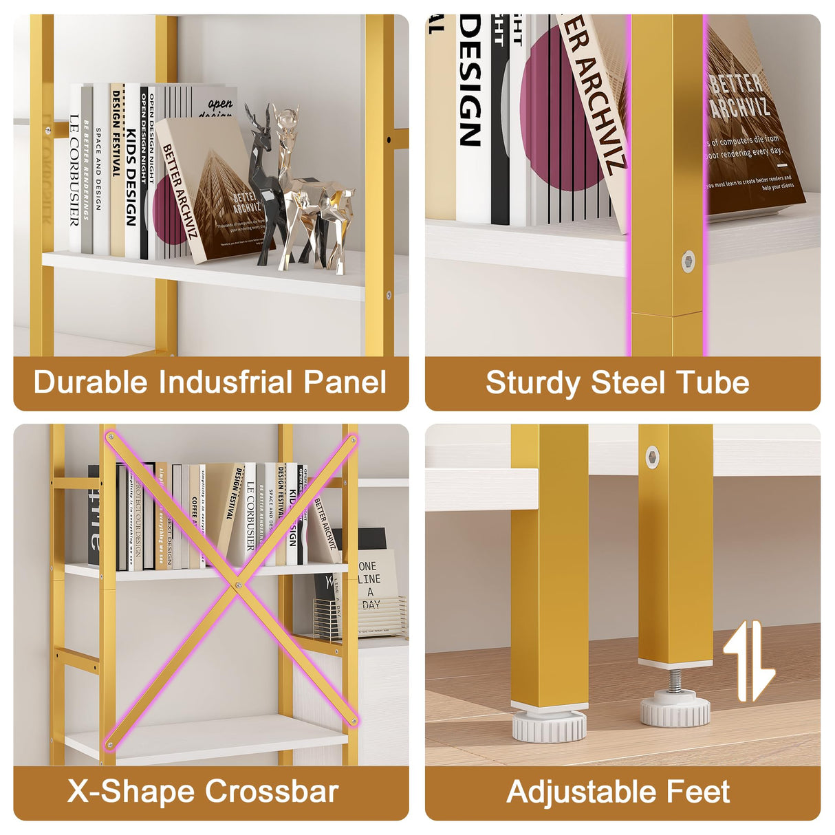Yusong Bookshelf Triple Wide 5 Tier Bookcases with Storage Cabinet, Industrial Large Modern Tall Bookshelves with 12 Open Display Shelves for Living Room Office Bedroom, White and Gold Yusong