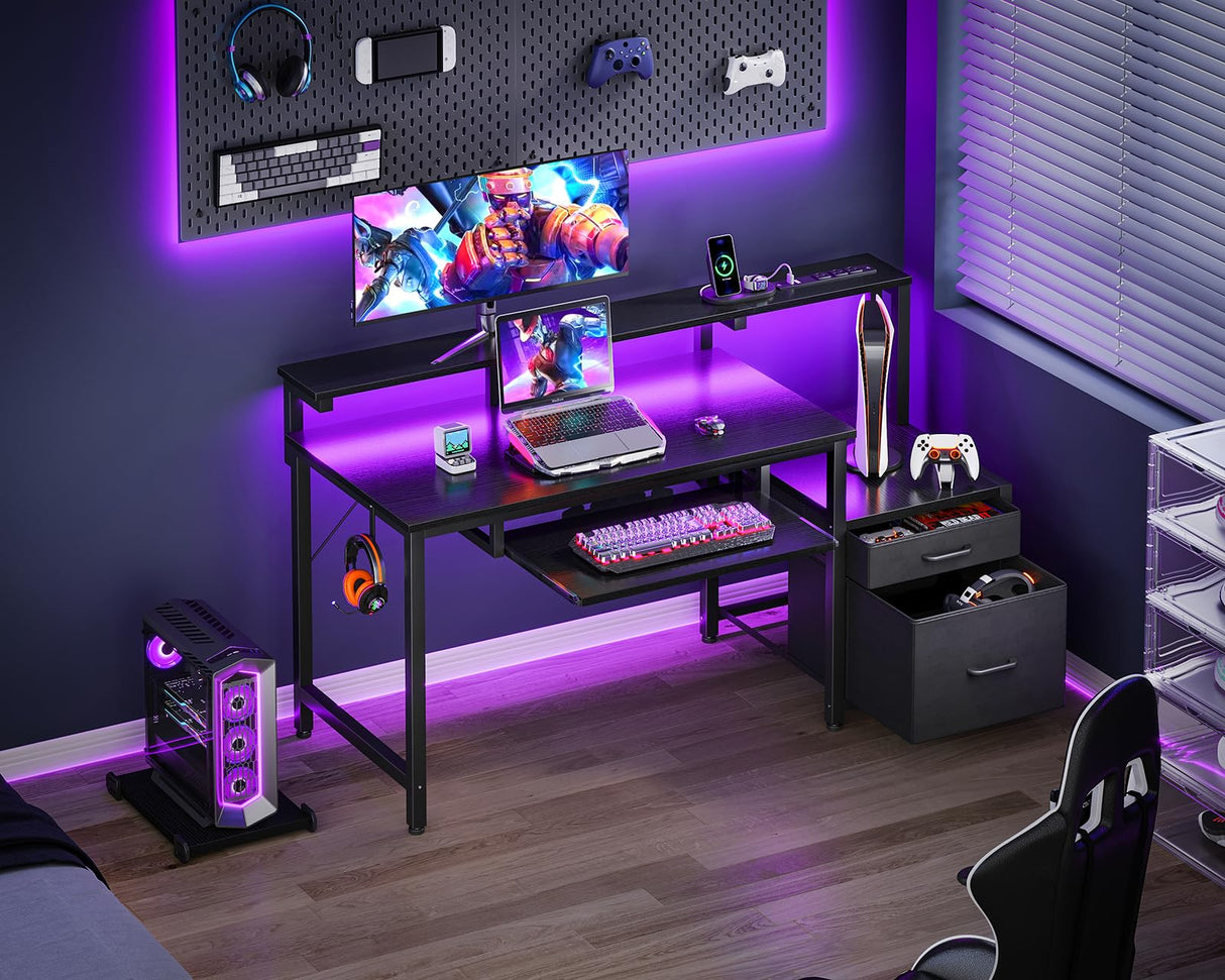 AODK 48-Inch Gaming Desk with Power Outlets & LED Light, Reversible PC Desk with Fabric Drawer and File Cabinet, Computer Desk with Keyboard Tray, Table with Full Monitor Riser and PC Stand, Black AODK