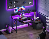 AODK 48-Inch Gaming Desk with Power Outlets & LED Light, Reversible PC Desk with Fabric Drawer and File Cabinet, Computer Desk with Keyboard Tray, Table with Full Monitor Riser and PC Stand, Black AODK