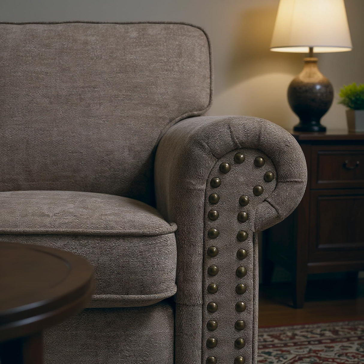 Sivoey Nailhead Armchair, Rolled Arms Accent Chair for Living Room, Single Sofa Chair with Springs Seat Cushion & Wooden Legs, Mid-Century Armchair for Apartment, Office, Farmhouse, Light Brown Sivoey