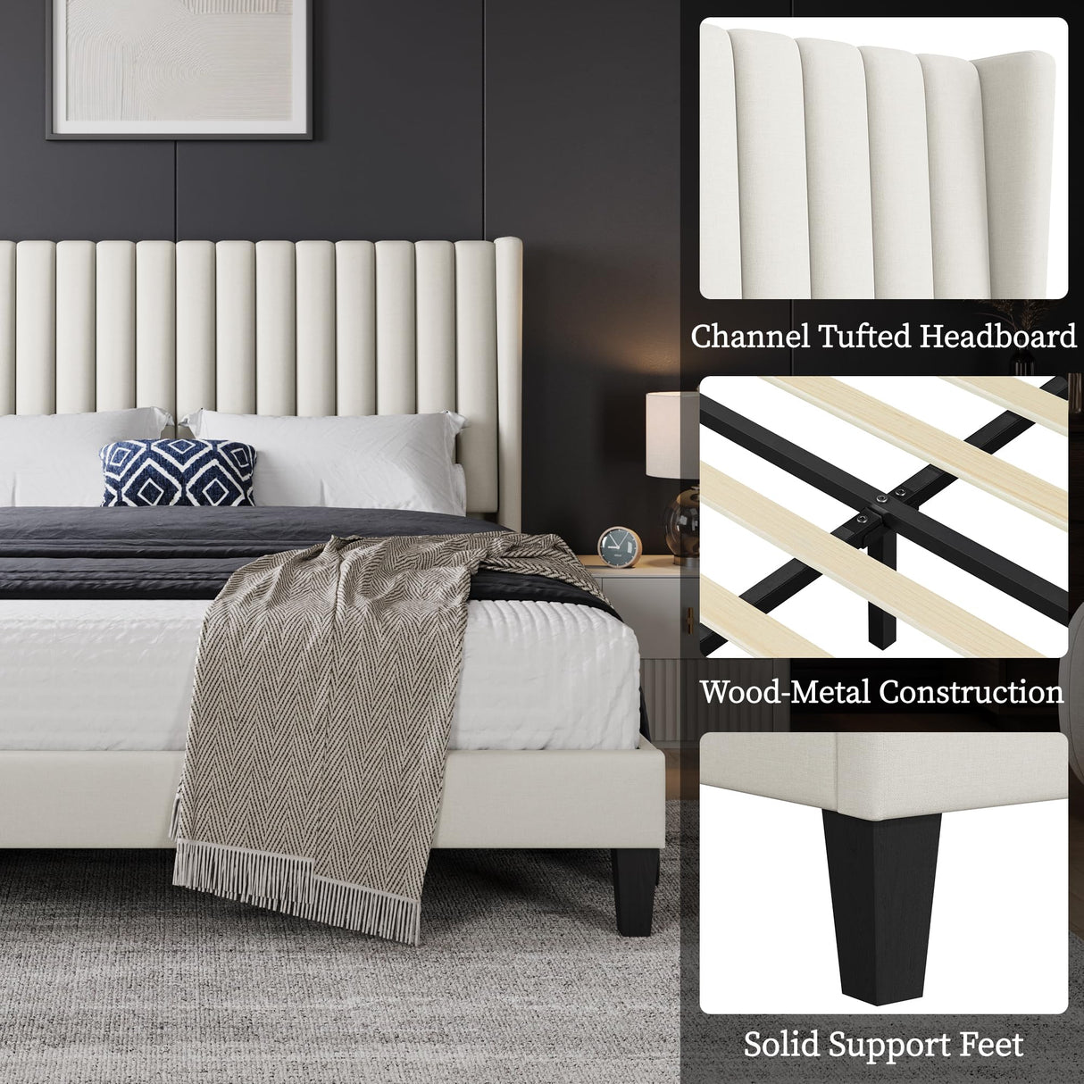 Yaheetech Queen Bed Frame Upholstered Platform Bed with Fabric Headboard, Wing Edge Design/Non-Slip and Noise-Free/Wooden Slats Support/No Box Spring Needed/Easy Assembly, Beige Queen Bed Yaheetech