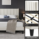 Yaheetech Queen Bed Frame Upholstered Platform Bed with Fabric Headboard, Wing Edge Design/Non-Slip and Noise-Free/Wooden Slats Support/No Box Spring Needed/Easy Assembly, Beige Queen Bed Yaheetech