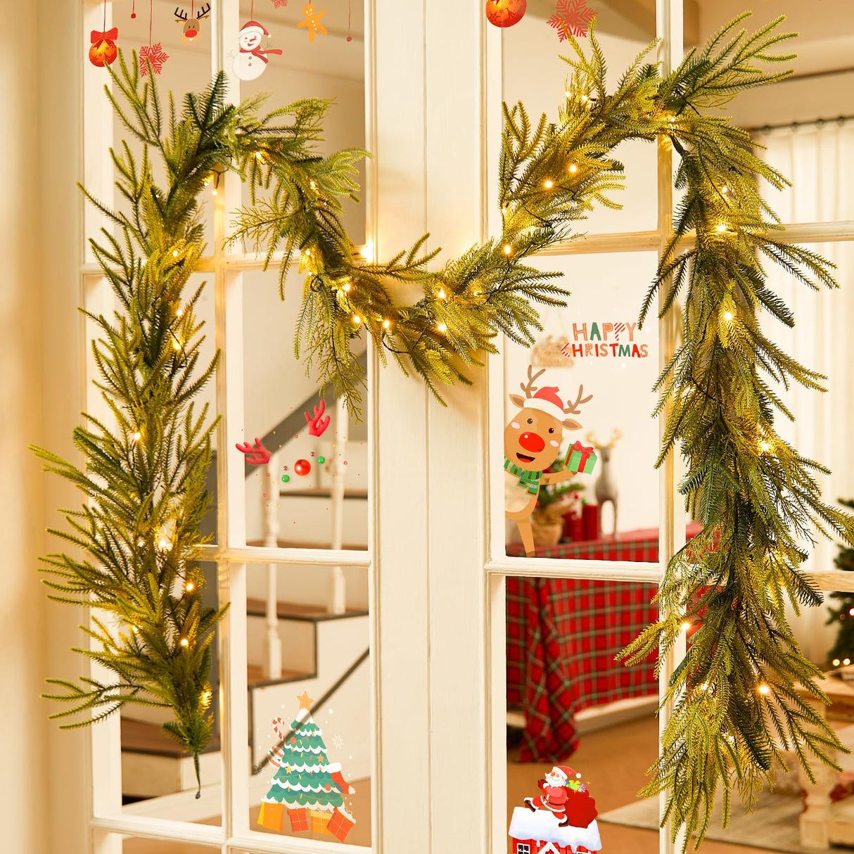 EXKRAEFT Christmas Pine Garland with Lights for Decorations 9FT Artificial Norfolk Pine Garland Realistic, Prelit Garland Lighted Christmas Garland for Mantle Christmas Garland Battery Operated EXKRAEFT