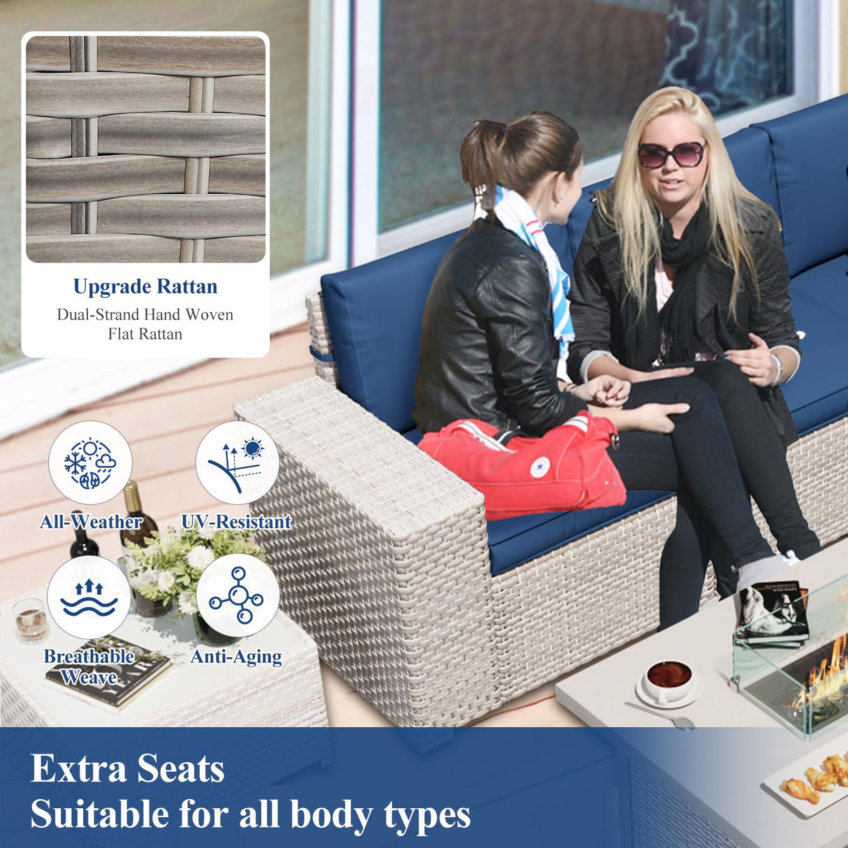 12-Piece Patio Furniture Set, Outdoor Extra Wide Armrest Modular Patio Sofa, Dual-Strand Rattan Wicker, Rust-Resistant Frame, Backyard High Back, Large Seat Furniture for Porch Garden Balcony, Blue HLNPTN