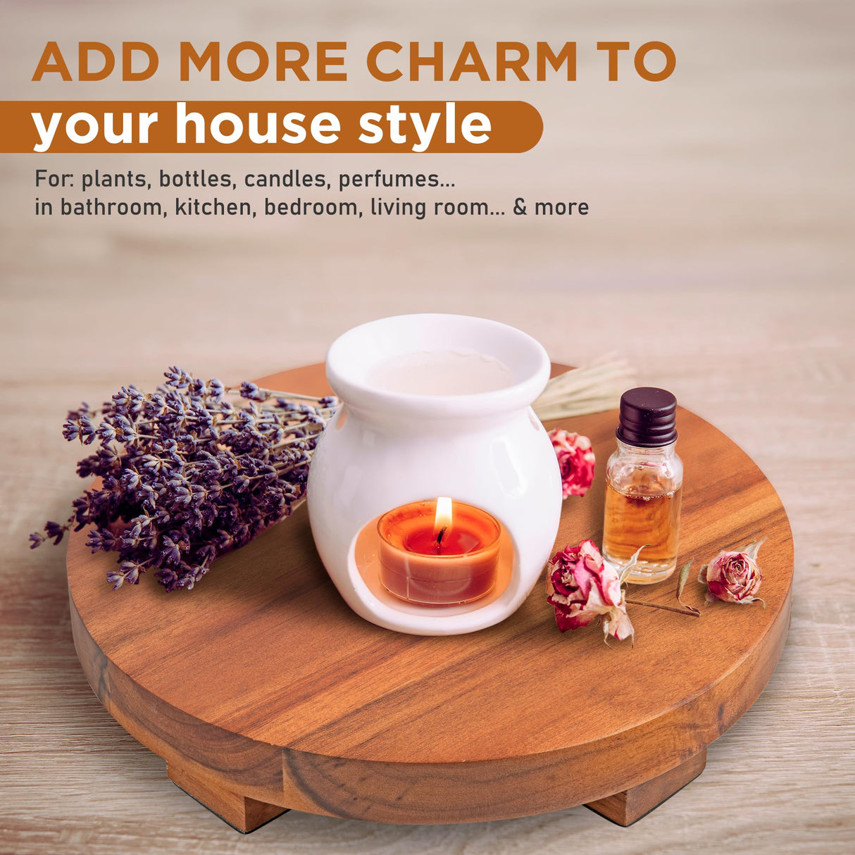 Demigo Round Wood Riser Board 9.5 inches, Natural Acacia Wood, Farmhouse Plant Holder, Multi-Purpose Display Stand, Wooden Pedestal for Soap, Plants, Candles, Countertop, Kitchen, Bathroom Demigo