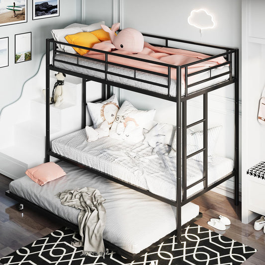 SUNLEI Metal Loft Bed with 2 Secured Ladders, Bunk Bed Twin Over Full with Trundle, Trundle Bed Twin Safety Guard, Space-Saving, Noise Free for Small Bedroom, Black (Modern w/Trundle, Twin Over Twin)