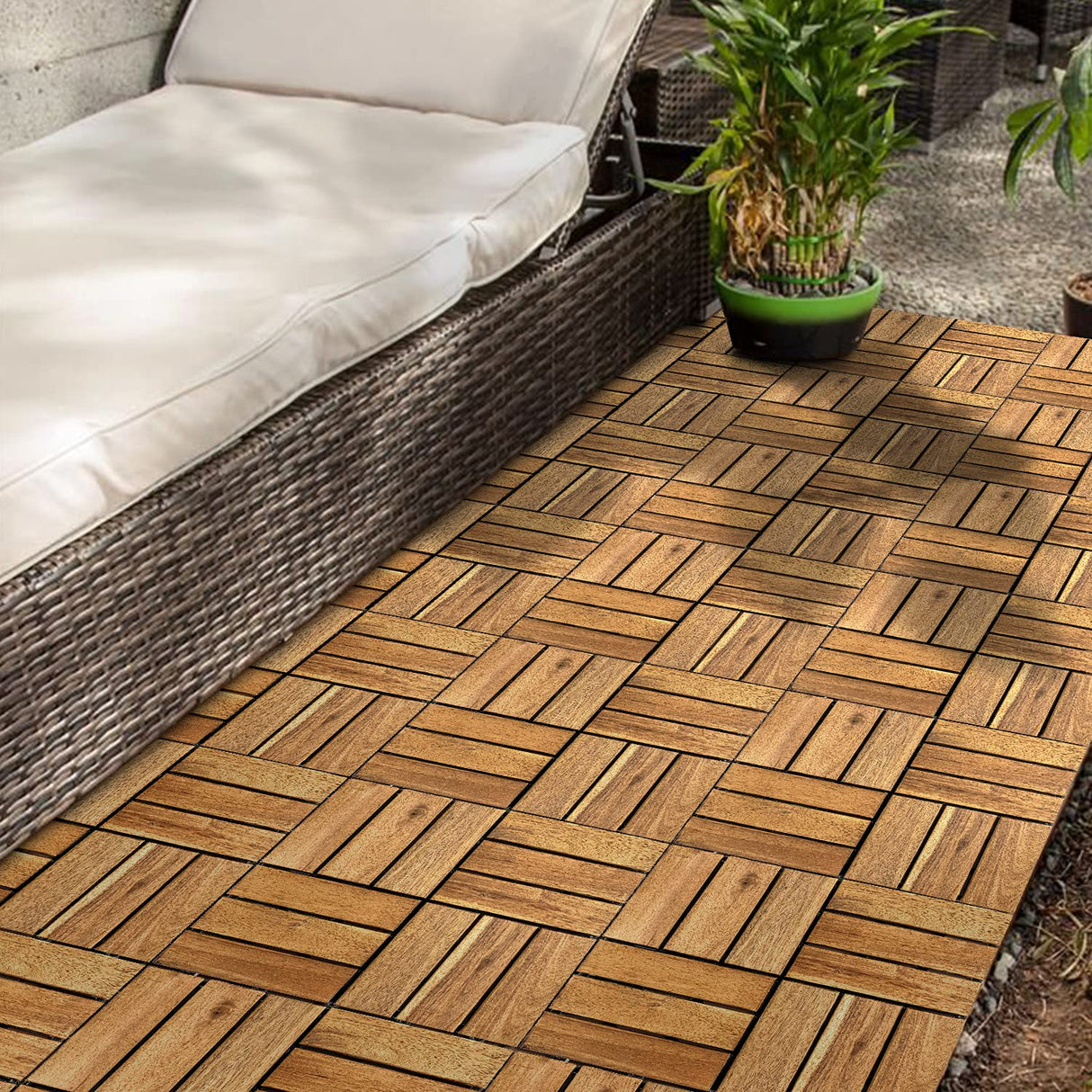Solid Wood Interlocking Flooring Tiles (Pack of 10, 12" x 12"). Solid Wood Acacia Deck Tiles Interlocking Outdoor, Patio Tiles Outdoor Interlocking Waterproof All Weather 12" x 12" RAKYTO