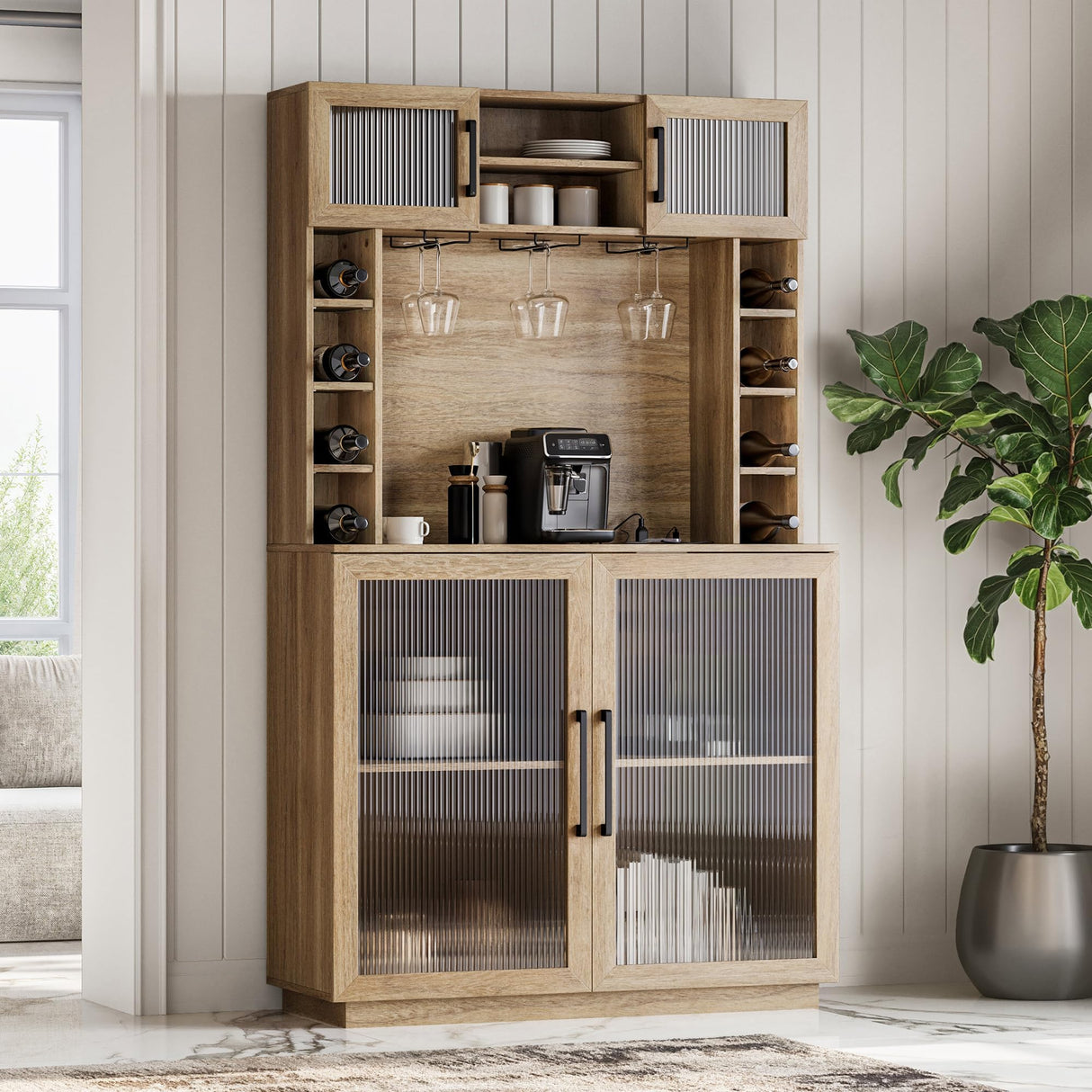 BELLEZE Coffee Wine Bar Cabinet with Power Outlet, 72" Rustic Liquor Cabinet, Tall Fluted Buffet Cabinet with Storage Kitchen Pantry Cupboard Wine& Glasses Rack Server with Hutch for Home Dining Room, BELLEZE
