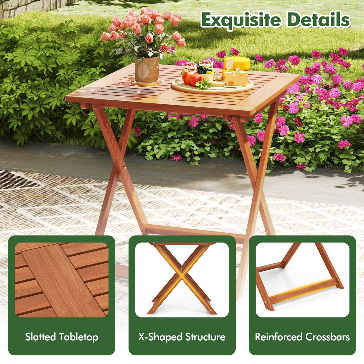 CLEEMAN Folding Outdoor Dining Table, Solid Wood Bistro Tables with 2" Umbrella Hole, Square Foldable Patio Table for Porch Balcony Deck Garden Yard, Teak Oil Finish CLEEMAN
